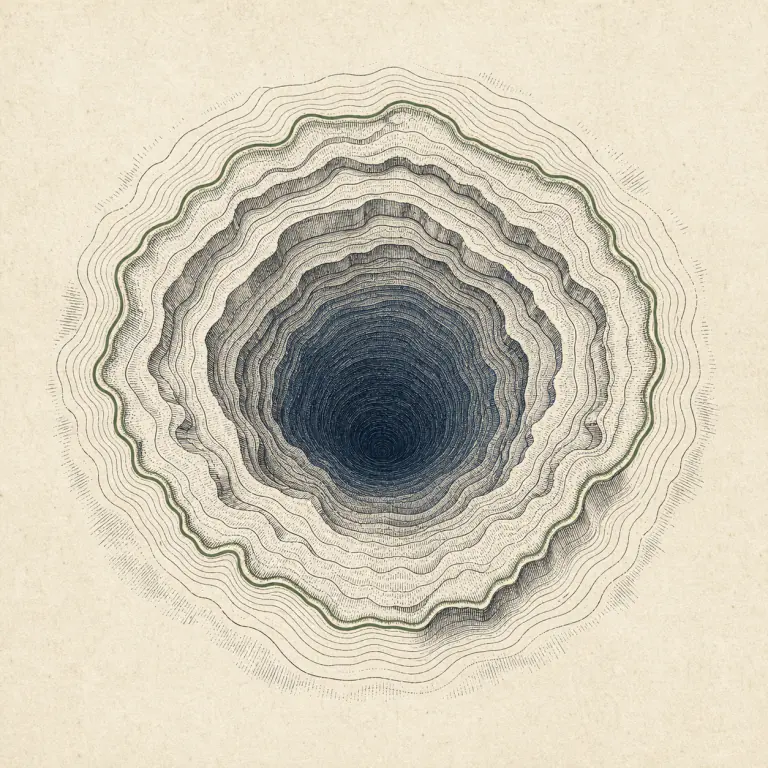 An engraved topographic basin descending into a deep pool.