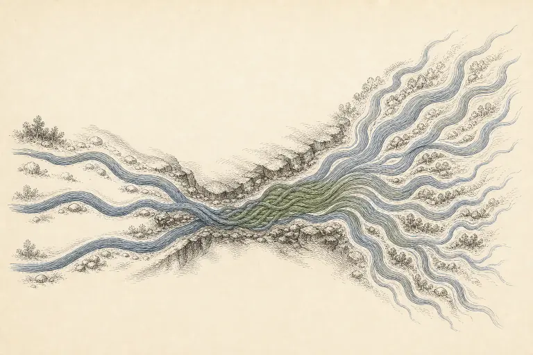 Engraved streams converging and branching across a survey map.