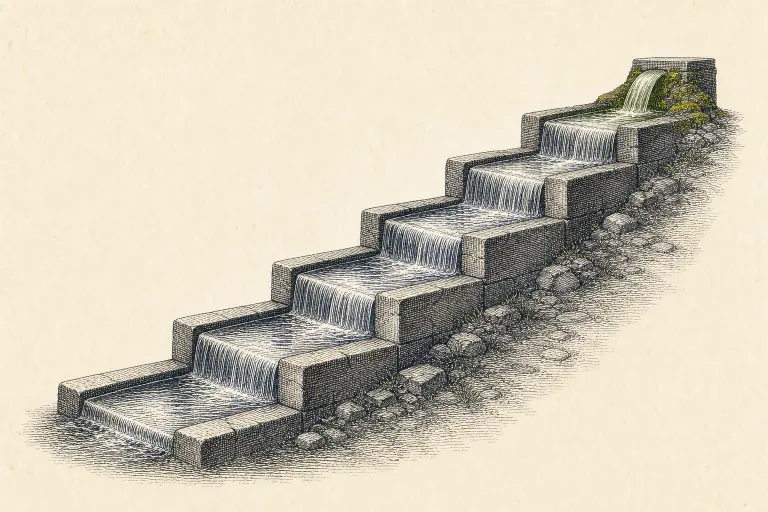 Engraved stone terraces carrying a measured rising stream.